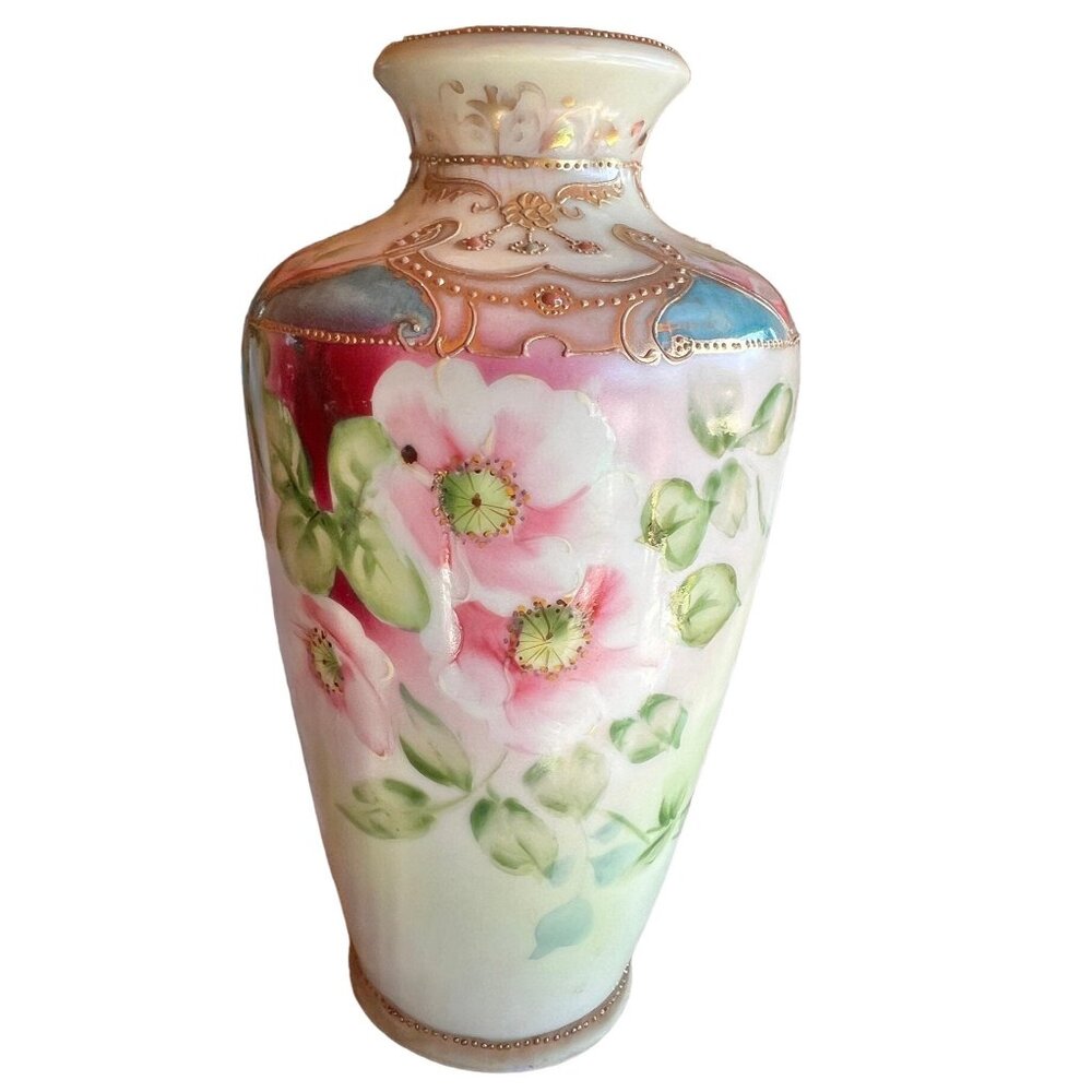 Antique Nippon Vase 1891 - 1921 Hand Painted Vase Moriage Floral 7" Pink White G